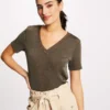 T-shirt Manches Courtes Avec Col En V Taupe Femme