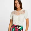 T-shirt Manches Courtes Avec Dentelle Ecru Femme