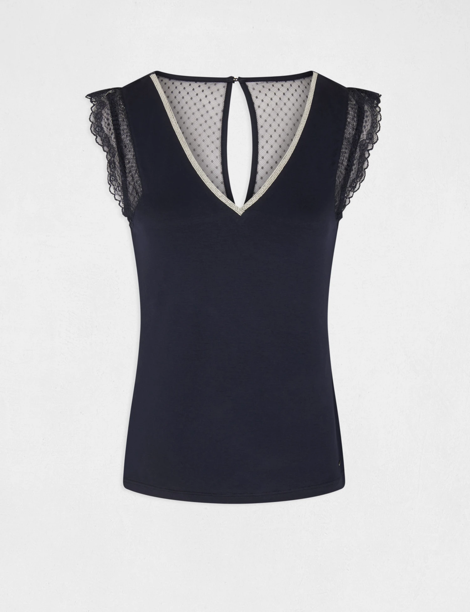 T-shirt Manches Courtes Avec Dentelle Marine Femme 4 T-shirt Manches Courtes Avec Dentelle Marine Femme – Image 4