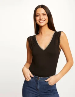 T-shirt Manches Courtes Avec Dentelle Noir Femme