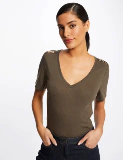 T-shirt Manches Courtes Avec Ornements Vert Kaki Femme