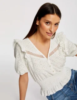 T-shirt Manches Courtes Brodé Ecru Femme