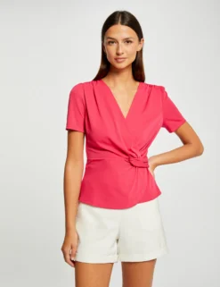 T-shirt Manches Courtes Col Cache-coeur Framboise Femme