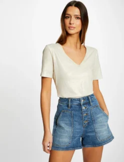 T-shirt Manches Courtes Col En V Ecru Femme