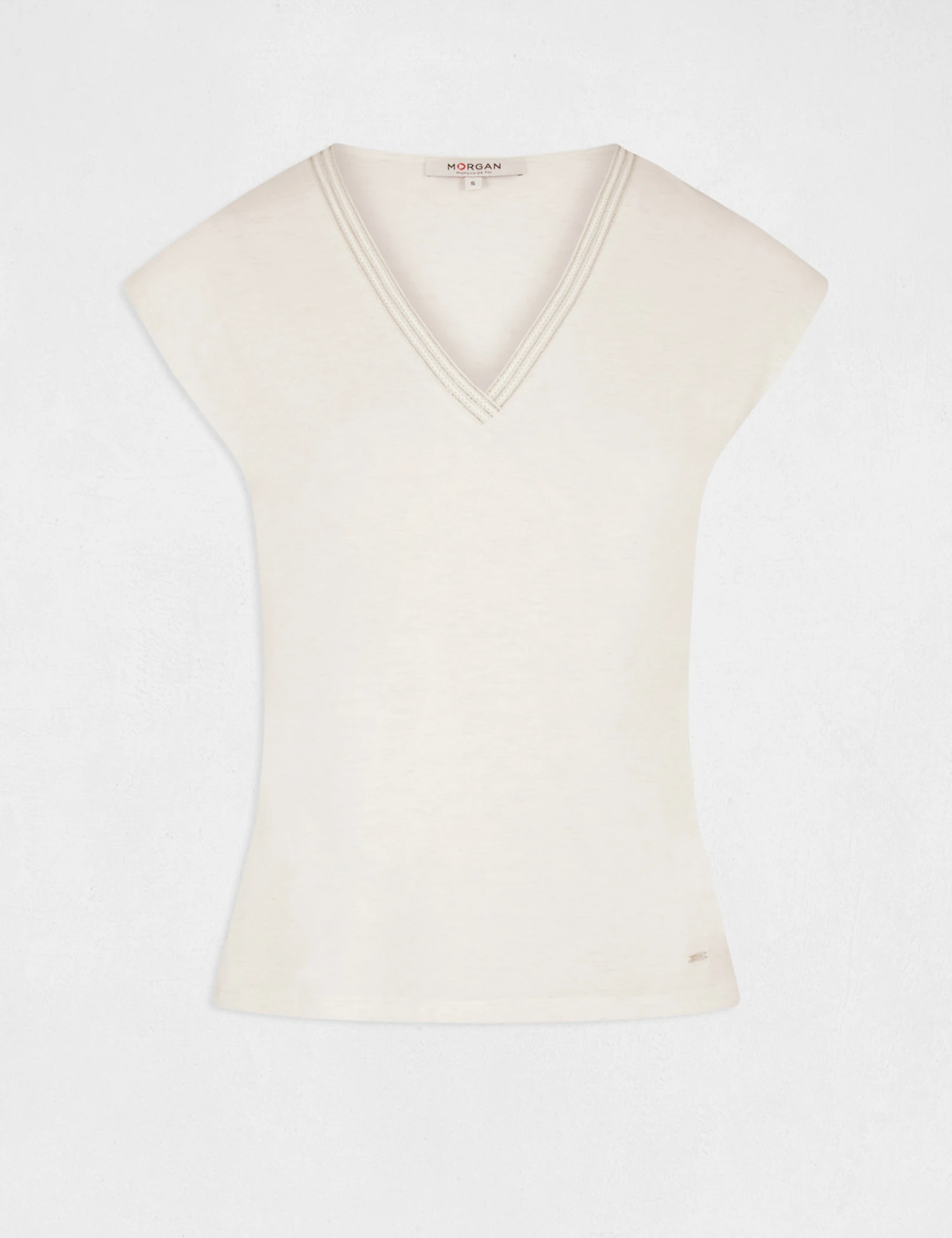 T-shirt Manches Courtes Col En V Ecru Femme 4 T-shirt Manches Courtes Col En V Ecru Femme – Image 4