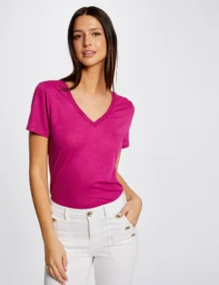 T-shirt Manches Courtes Col En V Framboise Femme
