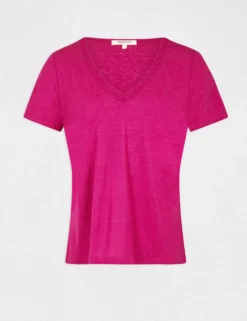 T-shirt Manches Courtes Col En V Framboise Femme -Mode de Reve Magasin t shirt manches courtes col en v framboise femme vue3 32536300941950502