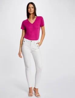 T-shirt Manches Courtes Col En V Framboise Femme -Mode de Reve Magasin t shirt manches courtes col en v framboise femme vue5 32536300941950502