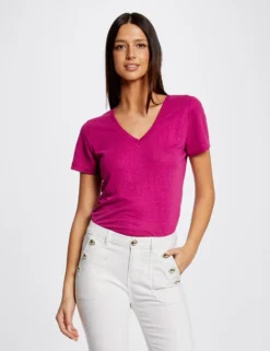 T-shirt Manches Courtes Col En V Framboise Femme -Mode de Reve Magasin t shirt manches courtes col en v framboise femme vue6 32536300941950502