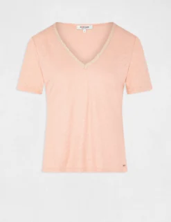 T-shirt Manches Courtes Col En V Rose Moyen Femme -Mode de Reve Magasin t shirt manches courtes col en v rose moyen femme vue3 32536300939110514