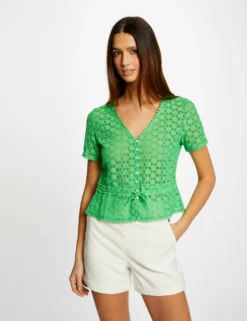 T-shirt Manches Courtes En Dentelle Vert Femme