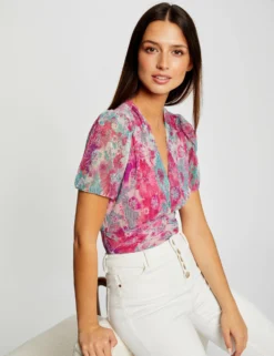 T-shirt Manches Courtes Imprimé Floral Rose Femme