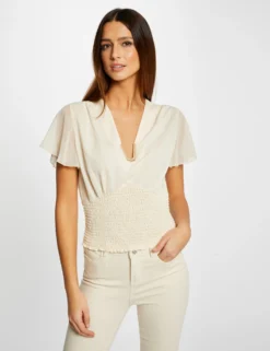 T-shirt Manches Courtes Smocké Ecru Moyen Femme