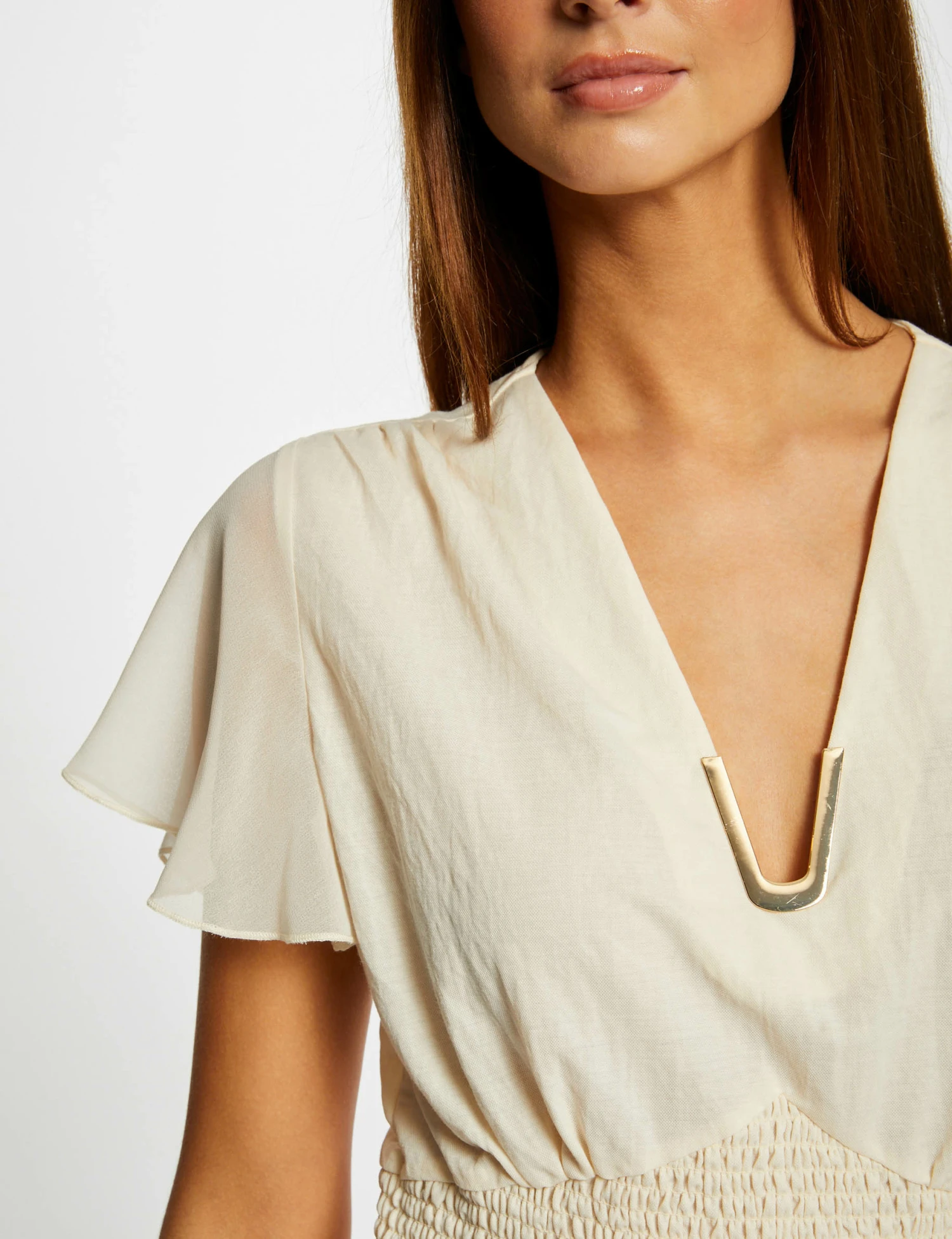 T-shirt Manches Courtes Smocké Ecru Moyen Femme 5 T-shirt Manches Courtes Smocké Ecru Moyen Femme – Image 5